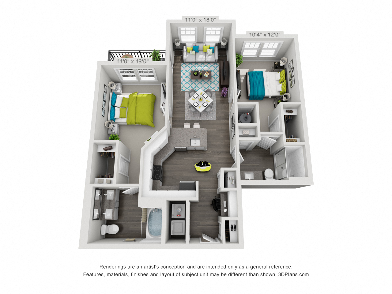 Floor plan for 2 beds, 2 baths, 1089 sqft
